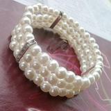 Naierhg 3 Rows Faux Pearl Rhinestone Decor Elastic Stretchy Bangle Bracelet