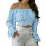 Wendunide 2024 Clearance Sales Crop Tops for Women Women Cute Off Shoulder Long Sleeve Self Tie Knot Crop Tube Top Blouse Womens Chiffon Shirt Blue S