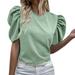 iOPQO Crop Tops Going Out Tops Womens Solid Color Round Neck T Shirt Puff Sleeve Tops Ruched Elegant Summer TShirts Top t shirts for women Green + M Cute Tops Summer Tops Tshirts Shirts Basic Tees