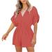 Women s Cotton and Linen Rompers Short Sleeves Summer Casual V-neck Elastic Waist Jumpsuit Pleated Sleeves Loose Comfy Playsuit(S Orange)