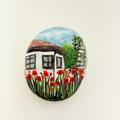 Poppy Cottage in Summer England - Acrylic Miniature Painting On English Beach Pottery