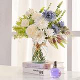 Fake Flowers in Vase Artificial Flowers in Vase for Centerpiece Table Decorations.Faux Flowers in Vase for Desk Table Decor.White Blue Silk Flowers Arrangement for Dining Table Home Decorations