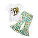 Rovga Outfits For Girls Toddler Short Sleeve Sunflower Cartoon Cow Printed Tassels T Shirt Tops Bell Bottoms Pants Kids Outfits For 12-18 Months