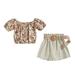 Fsqjgq Girls Summer Pajamas Toddler Baby Girl Clothes Kids Toddler Baby Girls Short Bubble Sleeve Floral Print Tops Bowknot Solid Shorts Pants with Belt 3Pcs Set Size 130 Beige