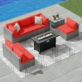 Walsunny 8 PCS Patio Furniture Set with 45 50000BTU Gas Propane Fire Pit Table All Weather PE Wicker Rattan Patio Conversation Sofa Silver Rattan/Red