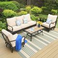 MF Studio 5-Seat Patio Conversation Set with 3-Seat Sofa Rocking Chairs & Wood-Like Table Black & Beige