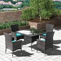 ALAULM 5 Pieces Outdoor Patio Dining Set Rattan Furniture with Glass Table 4 Chairs with Cushions Blue