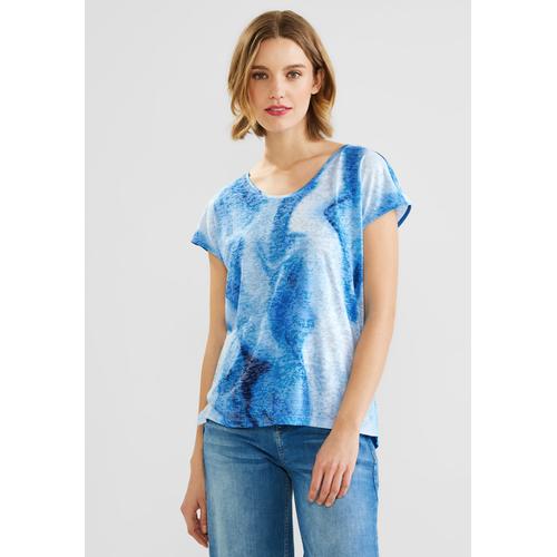 T-Shirt STREET ONE Gr. 42, blau (blue bay) Damen Shirts V-Shirts mit Burnout-Optik