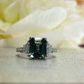 Olive Green Sapphire Engagement Ring 14K White Gold, Emerald Cut With Moissanite Rings, Vintage Wedding #7242