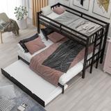Twin Over Twin Pull-Out Bunk Bed with Trundle, Solid Wood Bunkbed with Ladder & Safety Rail, Can be Expanded into A Large Bed