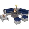 Costway 9 Pieces Outdoor Patio Furniture Set with 32-Inch Propane Fire Pit Table-Navy