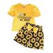 Fsqjgq Spring Outfits for Toddler Girls Toddler Baby Girl Clothes Summer Girl Sunflower Pattern Shorts Crewneck Short Sleeve Bow Casual Home Outing for 2 To 7 Size E Yellow