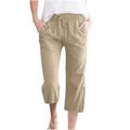 JWZUY Womens Linen Pants for Summer Drawstring Soft Cropped Linen Cotton Pants Elastic Waist Wide Leg Trousers With Pocket Khaki M