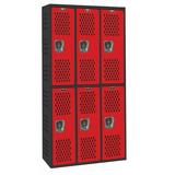 Hallowell PE / Gym Locker 36 W x 18 D x 72 H 708 Midnight Ebony Body and 721 Relay Red Doors Double Tier 3-Wide All-Welded