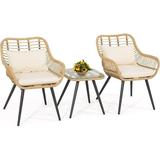 JOIVI 3-Piece Patio Set Outdoor Wicker Conversation Bistro Sets for Porch Backyard with Square Glass Top Coffee Table White Cushions and Lumbar Pillows