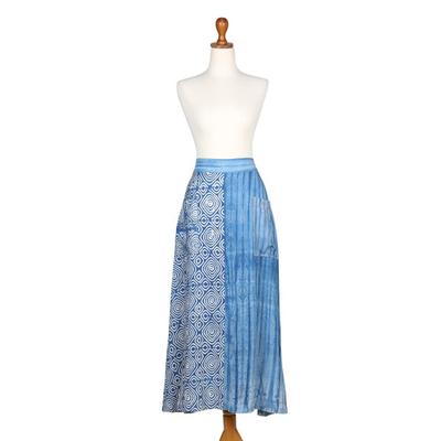 'Cerulean and Ivory Hand-Stamped Batik Cotton Skirt from Java'