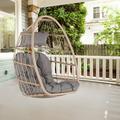 Wicker Hanging Egg Chair Patio Foldable Hammock Chair with Hanging Chains Outdoor Basket Swing Chair with Light Gray Cushions All Weather Rattan Egg Chair for Balcony Yard Porch Bedroom D7907