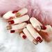 24pcs Short Wine Red Nail Art Short False Nails with Golden Glitter Champagne Wedding Nail Tip Full Nail