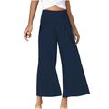 RYRJJ Womens Cotton Linen Wide Leg Pants Summer Casual High Waisted Palazzo Pants Baggy Lounge beach Trousers with Pocket(Navy S)