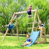 Wooden Swing Set with Slide Outdoor Playset Backyard Activity Playground Climb Swing Outdoor Playground Sets for Toddlers Wooden Swing-N-Slide Set Kids Climbers Ready to Assemble Natural