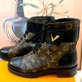 Louis Vuitton Shoes | Authentic Louis Vuitton Combat Lv Monogram Wonderland Ranger Flat Combat | Color: Black/Brown | Size: 42