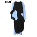 EAM-Robe longue bleue pour femmes grande taille col rond manches longues adt fit mode marée