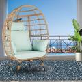 Outdoor Stationary Egg Chair Wicker Egg Swing Chair with Blue Cushions for Patio Garden Backyard Rattan Standing Egg Chair