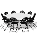 MoNiBloom 11 Pieces White 5 Ft Round Portable Outdoor Plastic Dining Table w/Handle and Chair Set Fold-in-Half Picnic Desk
