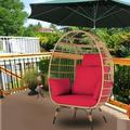 Outdoor Stationary Egg Chair Wicker Egg Swing Chair with Red Cushions for Patio Garden Backyard Rattan Standing Egg Chair