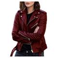 Ecqkame Women s Faux Leather Belted Motorcycle Jacket Long Sleeve Zipper Fitted Fall and Winter Fashion Moto Bike Short Jacket Coat Wine 3XL