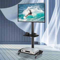 Height and Angle Adjustable Mobile TV Stand with Tempered Glass Shelves, and Swivel Bracket for LCD/Plasma TVs, 32-65 Inches