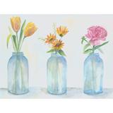 Wildon Home® Flowers in Glass Jars - Wrapped Canvas Print Canvas in Blue/Pink/Yellow | 18 H x 24 W x 1.25 D in | Wayfair