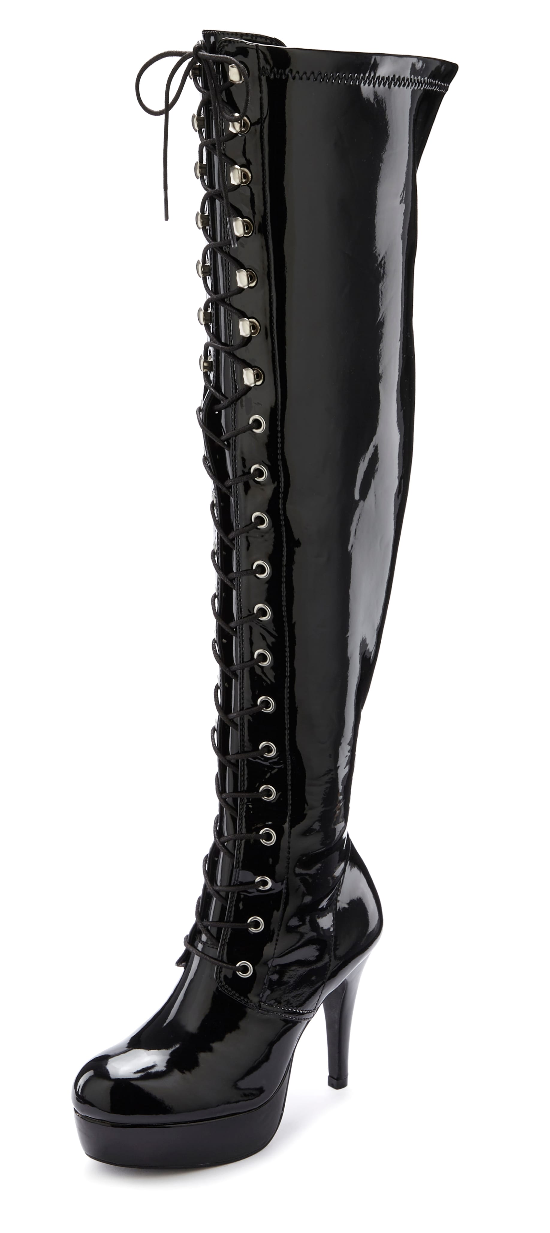 Overkneestiefel "High-Heel-Stiefelette zum Schnüren", Damen, Gr. 40, schwarz, Obermaterial: 100% Lederimitat. Futter: 100% Textilmaterial. Decksohle: 100% Lederimitat. Laufsohle: 100% Synthetik, LASCANA BELLE AFFAIRE, glänzend, unifarben, Schuhe...