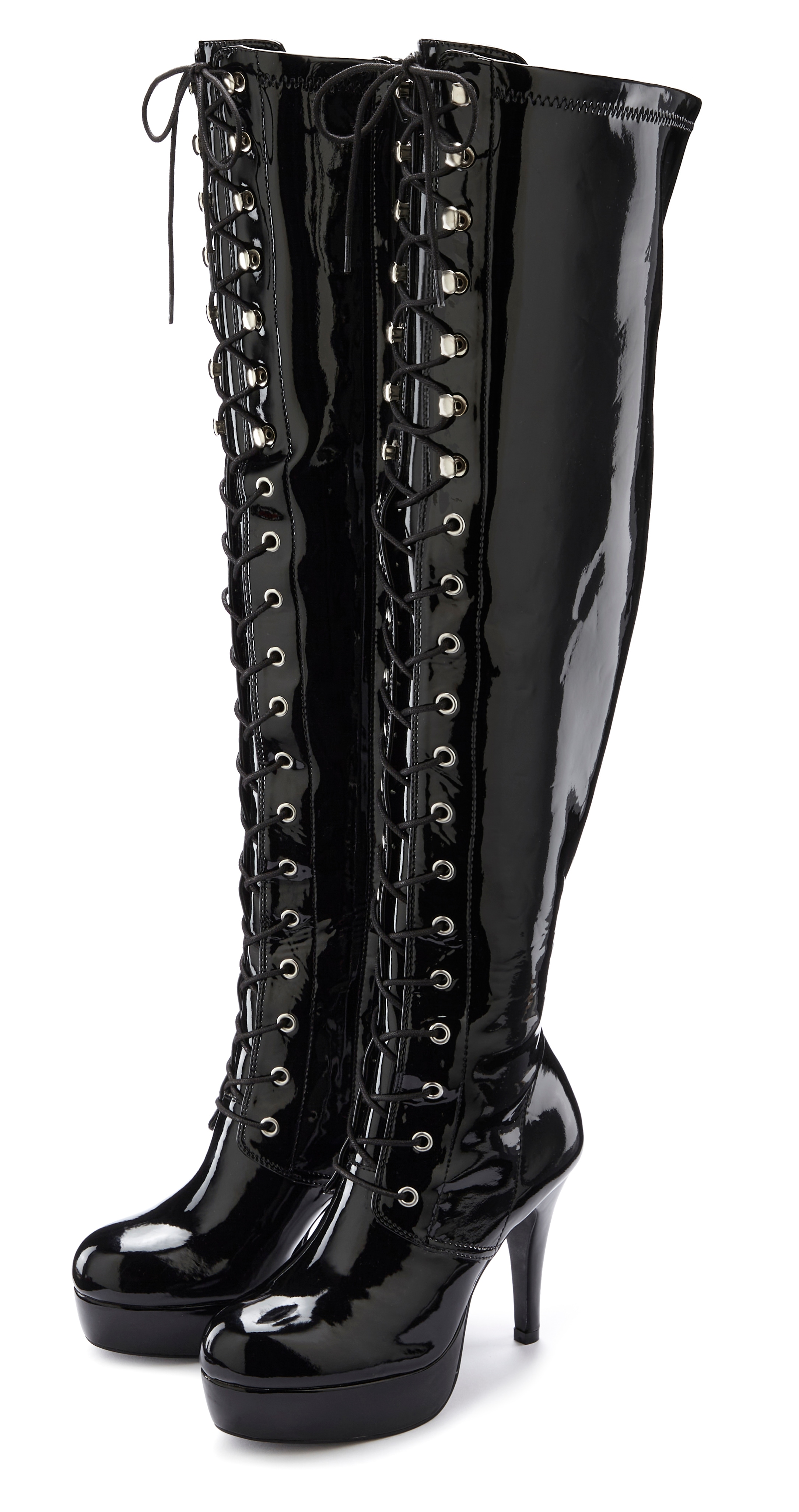 Overkneestiefel "High-Heel-Stiefelette zum Schnüren", Damen, Gr. 45, schwarz, Obermaterial: 100% Lederimitat. Futter: 100% Textilmaterial. Decksohle: 100% Lederimitat. Laufsohle: 100% Synthetik, LASCANA BELLE AFFAIRE, glänzend, unifarben, Schuhe...