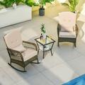 Costway Patio 3PCS Rocking Wicker Bistro Set 2 Rocker Chairs Tempered Glass Side Table