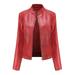 symoid Womens Coats & Jackets- Slim Leather Stand Collar Zip Motorcycle Suit Belt Coat Jacket Tops Red XXL