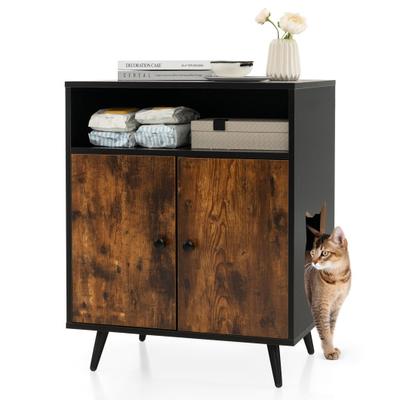 Costway Industrial Cat Litter Box Enclosure with Entry and Open Compartment-Rustic Brown