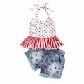 Clearance! 4th of July Baby Girls Outfits 4th of July Outfits for Toddler Girls 4th of July Independence Day Short Sleeve Round-Neck Star Print Ruffles Jeans Sets Suit For 6 Months-4 Years