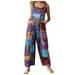 JURANMO Vintage Ethnic Style Print Jumpsuits for Women Sleeveless Square Neck Patchwork Jumpsuit Graphic Button Suspender Romper