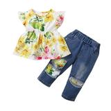 B91xZ Baby Girl Outfit Set Tops Sunflower Ruffle Outfits Kids Baby Pants Floral Toddler Denim Girls Girls Outfits&Set Size 4-5 Years
