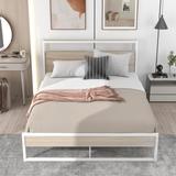 Queen Size Metal and Wood Platform Bed Frame with Sockets, USB Ports and Wood Headboard