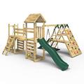 Rebo® Double Tower Climbing Frame with Flexible Bridge, Swing and Slide - Crestone | OutdoorToys | Pressure Treated Timber, Boat Style Swing Seat, Sturdy Wooden Construction