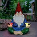 Jiaiun Solar Light-Up Meditating Gnome Statue w/2 LED Birds Durable Resin Garden DÃ©cor 8â€�x10.5â€�