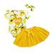 Kucnuzki Infant Baby Girl Clothes 0 Months Summer Skirt Sets 3 Months Short Sleeve One Letter Cute Sunflower Prints Romper Top Elastic Mesh Pleated Skirt Headband 3PC Sets Yellow