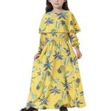 YWDJ 4-17 Years Girl Dresses Muslim Long Dress Middle Big Long Sleeve Round Neck Lace Dress Yellow 15-16 Years