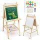 NUKied Kids Easel Double Sided Toddler Wooden Easel Chalkboard Whiteboard Wooden Art Easel Height Adjustable with Paper Roller Stickers Painting Accessories Storage Tray