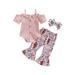 Suanret 3Pcs Toddler Baby Girls Summer Jumpsuit Set Button Short Sleeves Romper Print Elastic Flare Pants Headband Light Pink 0-6 Months