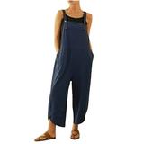 Wycnly Womens Jumpsuits Plus Size Wide Leg Cotton Linen Button Jumpsuits Overalls with Pocket Casual Solid Square Neck Sleeveless Long Summer Rompers Blue l