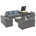 JOIVI Patio Furniture Set 9 Pieces Outdoor Sectional Sofa Set Rattan Patio Conversation Sets for 8 with Rattan Storage Box & Loveseat Tempered Glass Coffee Table Three Blue Pillows Grey
