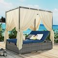 Outdoor Patio Wicker Sunbed Daybed with Side and Overhead Curtains PE Rattan Lounge Chair Double Daybed Sunbed with Adjustable Seats for Balcony Garden Backyard Poolside Blue